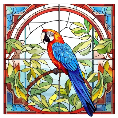 Rectangular stained glass window design, 90 degree squared corners, no background, looking out of an atrium sunroom, a macaw bird on the branch of a tree in a rainforest, very detailed, clipart, clear crisp colors, photorealistic, oil paint, happy, beautiful, bright colors, cute, ultra - detailed, on a white background - - no cropping