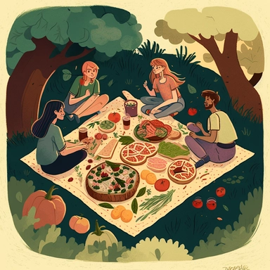 A drawing of a group of friends having a raw vegan picnic in nature, with a spread of fruits, vegetables, nuts, and seeds laid out on a picnic blanket CLIPART.
