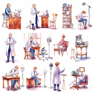 watercolor doctor related scenes , illustrations clipart set, simple, , cartoon elements ,different variants , nurse, doctor, stethtescope, mechanical body weighing scale, microscope, ,separate elements with a margin