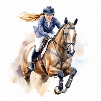 watercolour showjumping pony with beautiful girl rider with perfect beautiful facial features beautifully detailed perfect realistic facial features realistic showjumping pony jumping a show jump four perfect legs and hooves beautiful perfectly detailed showjumping pony, 300dpi, high resolution, graphic clipart,computer graphics