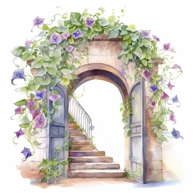 Watercolour illustration, A clipart image of a charming arch covered in blooming morning glory flowers, creating a picturesque entryway, on white background