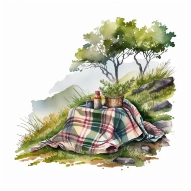 watercolor picnic blanket on hillside, clipart, white background