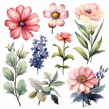 Clipart, vintage, watercolor, tubular flower, illustration, hand drawn, texture
