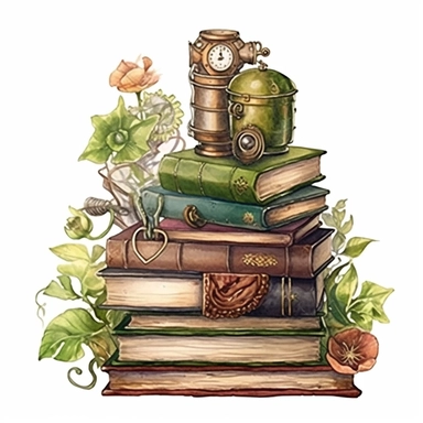 Steampunk styled books with watercolor effect,unrealistic fantastic,white background,suitable for digital cliparts,fantastic scene,high quality,green plants