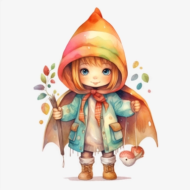 forest girl clipart, girl wearing rainbow pasteln color riding hood , Fairytale Clipart , watercolor illustration for kids, png file, hyper realistic, transparent background, high detail, 8k