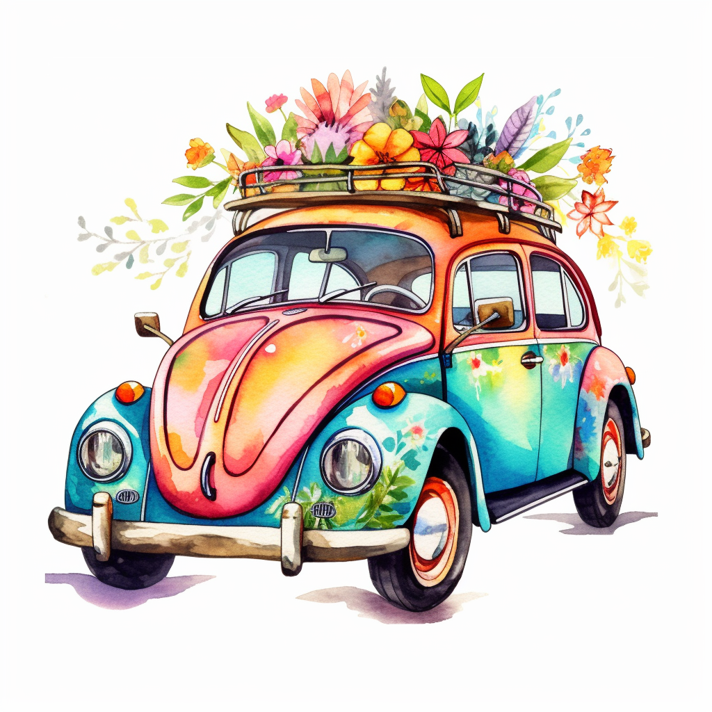 A vintage VW Beetle painted with flowers in a hippie style clipart ...