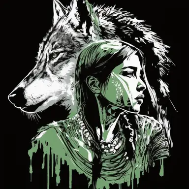 Black background, double exposure, clipart icon of a Native american female filled with a spiritual wolf, lineart, black and white bold stencil drawing, comic book sketch, Yoji Shinkawa style, Ink painting, bold brushstrokes, Concept art, Dark green and white colors