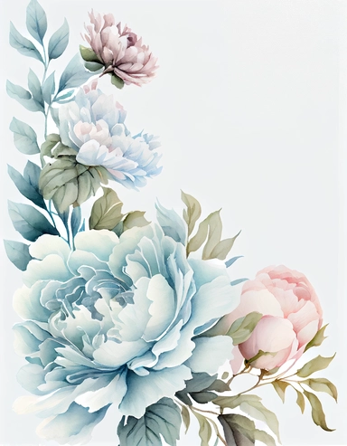 detailed watercolor pastel blue peony corner border , isolated on white background, realistic, clipart