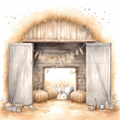 A watercolor painting inside a cute old open barn with hay and straw the doors are open in Bethlehem, Christmas, cute detailed digital art, inspired by nicoletta ceccoli, by Kubisi art, whimsical and cute, by nicoletta ceccoli, cute detailed artwork, glimmering, adorable and whimsical, whimsical art, Clipart style, png style, svg style, blank white background, a solid white background