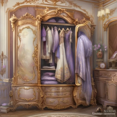 watercolor mixed media masterpiece a royal elegant wardrobe richly decorated with lavender, full of beautiful dresses on hangers, is in the bedroom, country mansion, golden accents, provence, by rodney matthews style and by Albert Joseph Moore style, Baroque style, Vintage Shabby chic, PNG clipart, isolated on white, extreme photorealistic details, 32k HD resolution, realistic high detailization high resolution