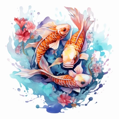 Fantasy magical Koi Fishes Clipart, Watercolor Cartoon, hyper realistic, intricate detail, illustration style, high resolution, on the white background