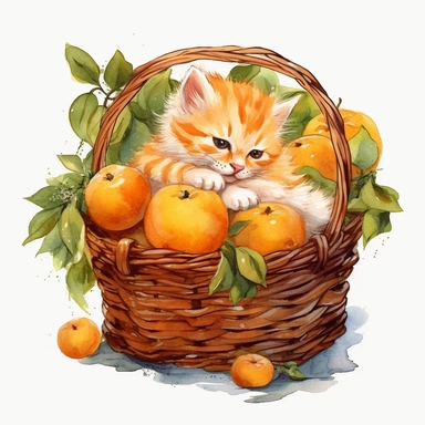 Watercolor persian colored kitten peacfully sleeping in a laundry basket clipart, persian breed, surrounded by oranges and orange leaf and branches, couple of oranges, high detail oranges, high quality drawing, high quality, body visible, summer colors, hairs are visible, variety of kitten type, summer day theme, valentines day theme, full body kitten, crawling in basket, peacefull fealing, childlike innocence and charm, peacefully sleeping cat, shy kitten, Oh my god its so cute, I can't believe