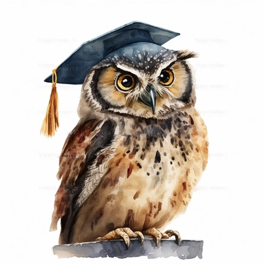 cartoon owl in grad cap watercolor clipart white background, no caption