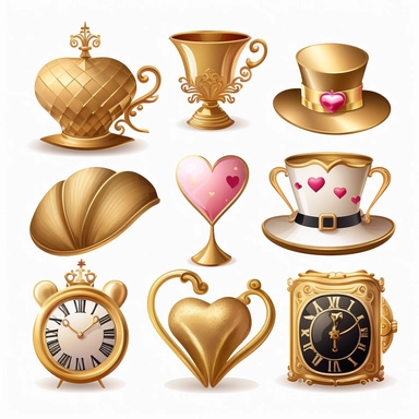 collection of hat , teapot,book, teacup, hearts cards, big crazy hat, gold melting clock , hourglass, queen of hearts , hearts paying cards vector clipart gold and light pink on white background