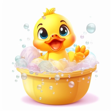 clipart, cute kawaii baby duck in a bathtub of full of bubbles, isolated on a white background, cartoon style, chibi style, vector, 3D, no shadows