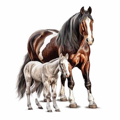 clydesdale horse horse and foal in the style of digital airbrushing realistic yet stylized, digitally enhanced, clipart, 32k uhd, detailed crosshatching white background