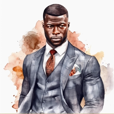 No text Watercolor Clipart Athletic MUSCLE Man in Suit Businessman Handsome Black Skin on white background