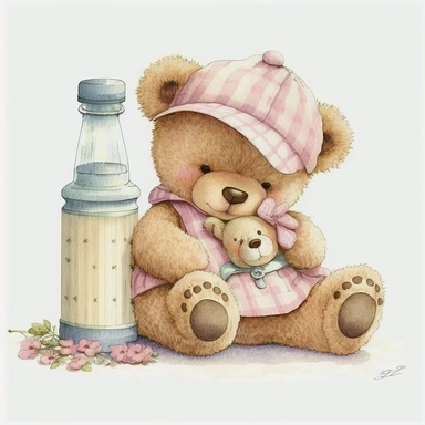 an ultra Cute little newborn baby teddy bear wearing pyjamas, baby pink traditional classic ((striped button up pyjamas)) and a bedtime hat and is sitting on a baby pink blanket with a baby bottle watercolour, cute,, bedtime, sleepy, dreamy, isolated on w