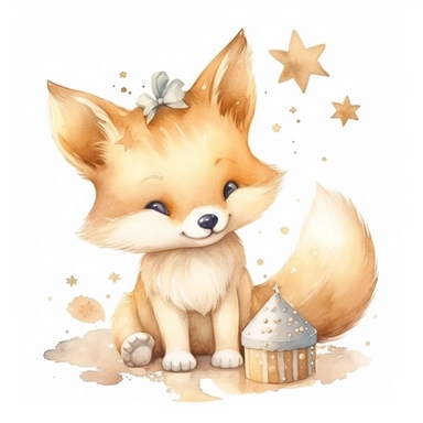 cute watercolor newborn soft beige baby fox toy smiling with stars and birthday cake, watercolor effect, isolated white background, babyshower clipart, soft beige tones