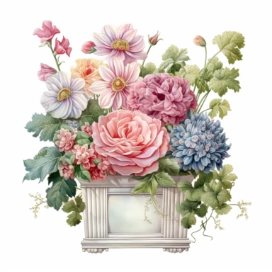 very beautiful Box Flower Planter, white background, clipart with pastel color, detailed and lovely Renaissance painting