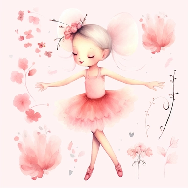 pink cute girl doing ballet clip illustration clipart image set, in the style of mandy disher, handcrafted objects, uhd image, chinese brushwork, dansaekhwa, childlike innocence, hand-drawn