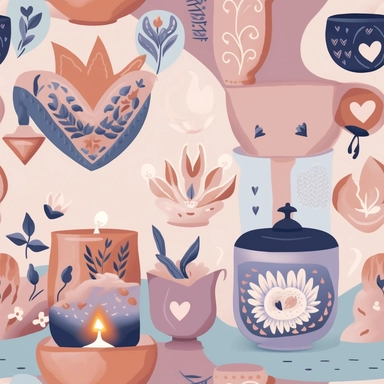 An image filled with loving, homely items that symbolize motherhood, such as a steaming coffee mug, a calming candle, a comfy pillow, and a heart-shaped pendant, all crafted in a paper-cut style. Each item interlinks seamlessly, set against a soft, pastel-toned backdrop, creating an enchanting pattern that encapsulates the warmth and care associated with a mother's love. in Clipart style