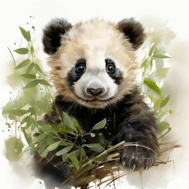 Construct a highly detailed watercolor-style clipart of a playful baby panda hanging from a sturdy bamboo stalk, set against a stark white background. Employ meticulous brushstrokes and a thorough approach to capture the adorable features of the panda and the smooth texture of the bamboo. Utilize a rich color palette, merging shades of black, white, and varying tones of green, to bring depth and realism to the creation. Pay careful attention to the panda's fuzzy fur, using fine, textured brushst