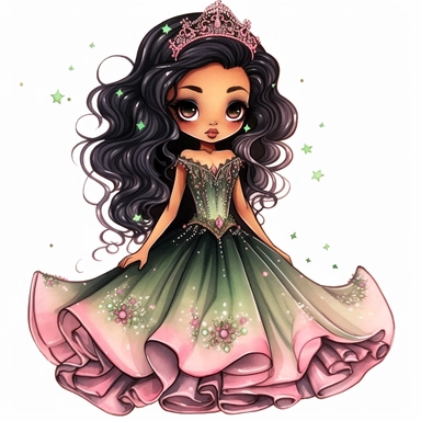 A cute detailed black girl in chibi style, Jasmine Becket - Griffith style, watercolour illustration clipart with real glitter detail, wearing a beautiful pink full length ballgown style dress, the girl has long black hair, the girl has green eyes, full body image, with feet isolated on a white background,