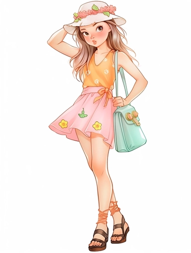 cute summer girl full body drawing, illustration clipart, detailed, black outline, white background, digital art, watercolor