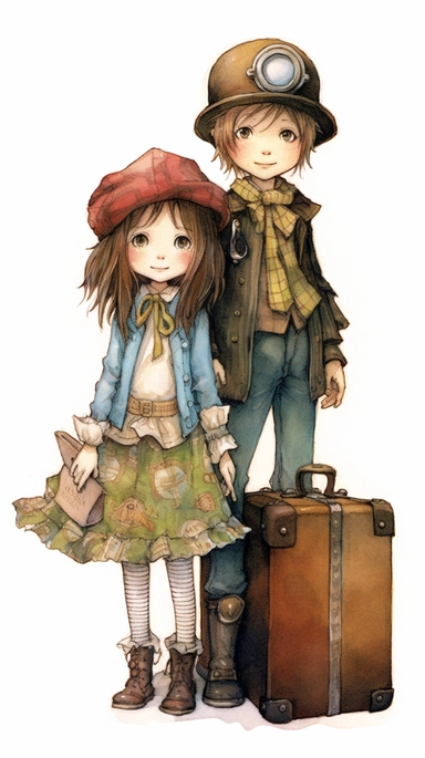 watercolor steampunk girl entire body and steampunk boy entire body with a steampunk suitcase by her side and holding a cute steampunk doll in her arms, illustration clipart by holly hobbie and mary engelbreit