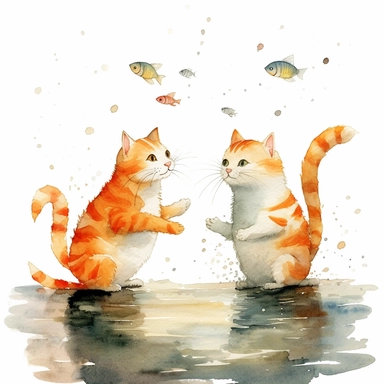 watercolor and pencil drawing of two cats trying to catch goldfish, ​happy, gentle smile, whimsical, beautiful watercolor ink wash coloring, thick pencil lines, Jon klassen, beatrix potter, popular on etsy, watercolor illustrations clipart, watercolor illlustrations for kids and children, plain white background