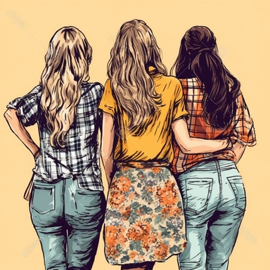 clipart of three adult best friends, friends forever, back facing, fashion glam, closeup