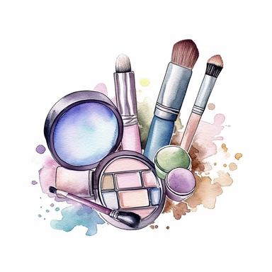 Beauty cosmetic watercolor clipart with soft colors on a white background, featuring a range of makeup items such as lipstick, eyeshadow palette, mascara, and makeup brushes, executed in a delicate watercolor style with pastel hues,
