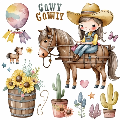 watercolor cute cartoon drawing, a garland of balloons ,pastel cute little Cowboys Clipart, sweet little girl Cowgirl Clipart, Cowboy Clip Art, Wild West Clipart, Sheriff Clipart, Western Clipart, Western Cowboy, sunflowers, a wooden cart, cute horse ridi