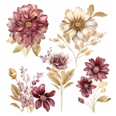 large gold and glass flowers with floral decorations, in the style of nature-inspired installations, delicate ink washes, Pink and burgundy, detailed miniatures, mosaics, organic texture, nature-inspired imagery, clipart set, white background, 4 objects