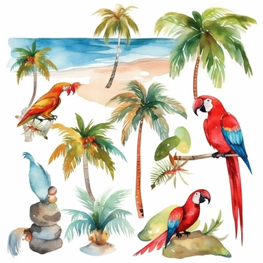 Tropical island beach clipart set isolated on white, watercolor, turquoise, red parrot, - - no photograph