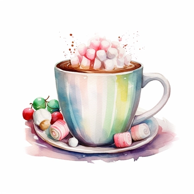 christmas themed coffee mug with foam and white marshmallows on the top, watercolor clipart, attention to detail