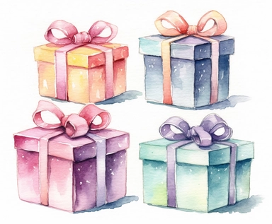 watercolor four gift boxes clipart, flat style, no volume, few details, washed out, minimalistic style, very lose details, very light colors, transparent colors, light airy hues and pastel tones, spaced out, white background, washed out colors and paint, hand-painted watercolor, watercolor paper with visible rough paper texture, a variety of watercolor brushes, do not cross workspace borders, rough watercolor paper texture on top