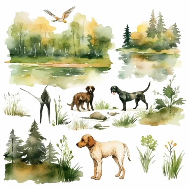 watercolor hunting scene in forest or fields with lake in vicinity on white background with setter and pointer dogs in pointing stand , illustrations clipart set, simple, , cartoon elements ,different variants , natural elements, separate elements with a margin, ,4k, high resolution, , natural colors, vibrant green tones, birds,