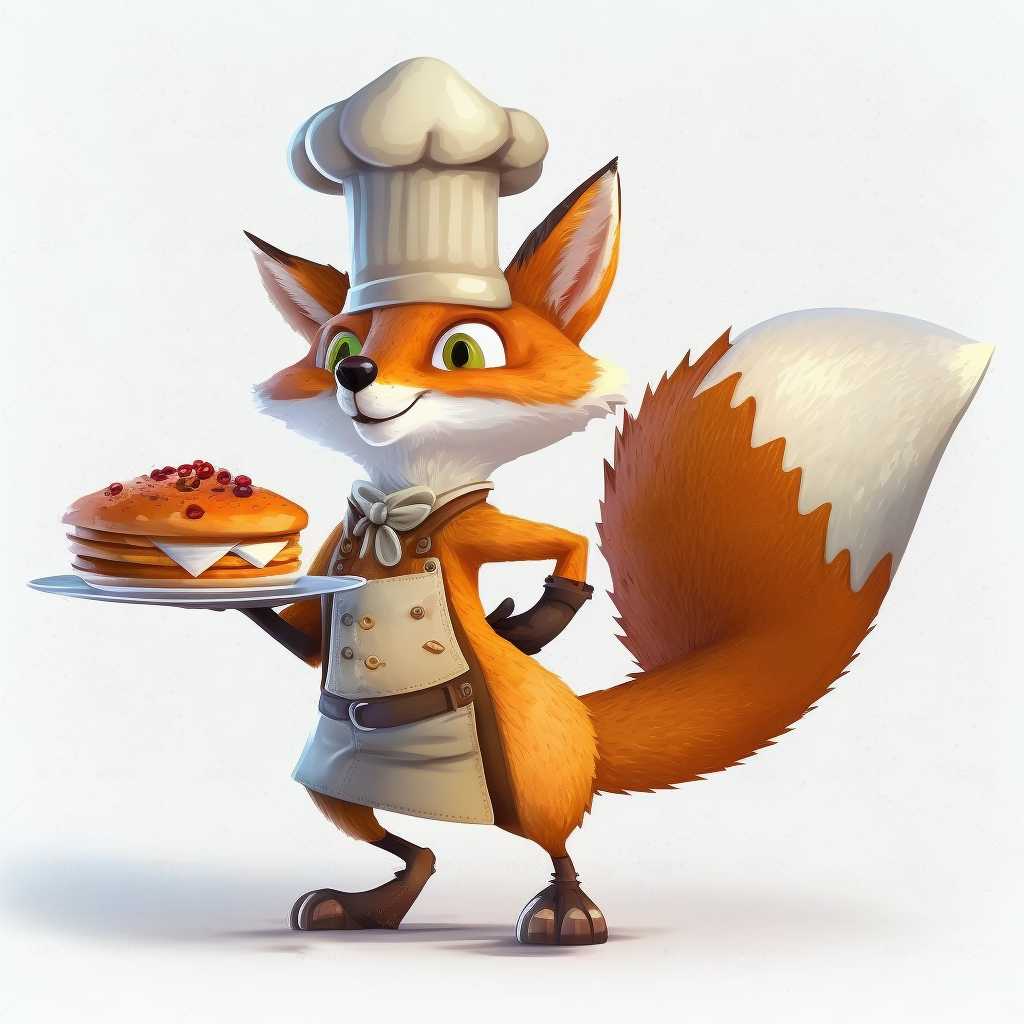 fox, kitchen hat, standing on two legs, holding a plate with cooked ...