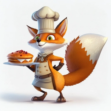 fox, kitchen hat, standing on two legs, holding a plate with cooked chicken, childrens book sytle, clipart, white background