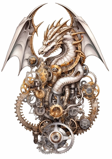 Steampunk Dragons Clipart, high quality, lots of details, white background, full body, hyper quality - 8K, white background