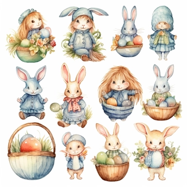 Watercolor easter eggs, illustrations clipart set, simple, soft colors, cartoon elements, different variants, easter elements, jumping bunnies, sitting bunnies ,rabbits, cute little girl, easter eggs in basket, separate elements with a margin