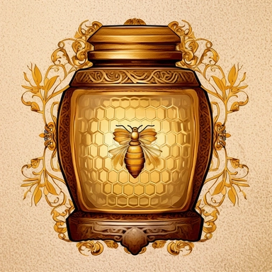 A honey jar with a golden label, adorned with intricate honeycomb patterns and floral motifs, exuding elegance and sophistication. (Digital drawing clipart, image black border color, full body, flat texture, transparent background)