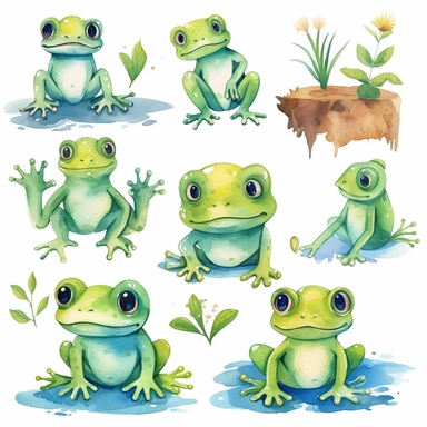 watercolor kawaii frogs, illustrations clipart set, simple, cartoon elements, different variants, separate elements with a margin