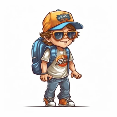 Sunglasses and a cap, a young kindergarten child striking a confident pose with a backpack, vector style graphic, positive vibe, clipart, single design, white background
