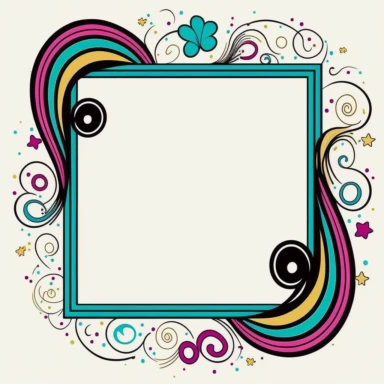 musical border frame, cute music border, clipart frame border, cute, vector image, white background, partially colored, coloring book style, cartoon, childish, pink, periwinkle, lite blue, teal, purple, golden, gold color, black and white, coloring book, simple, line art, character, white background,