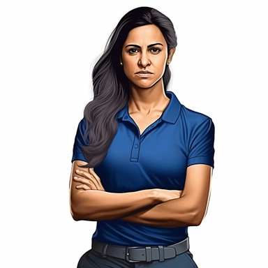 photo-realistic beautiful and angry, and physically fit Hispanic woman, age 25, wearing a royal blue polo shirt, waist level showing on white background for vector clipart