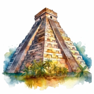 Chichen Itza Pyramid in Mexico in the style of Watercolor Clipart, White Background
