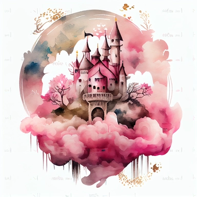 A Pink Fairy Tale Castle on cloud dream illustration, Watercolor clipart, details